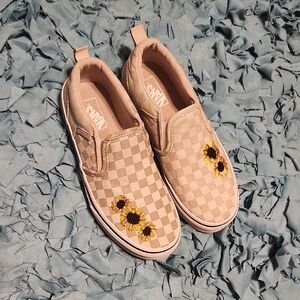 Vans Beige Checkered Slip-On with Sunflower Design